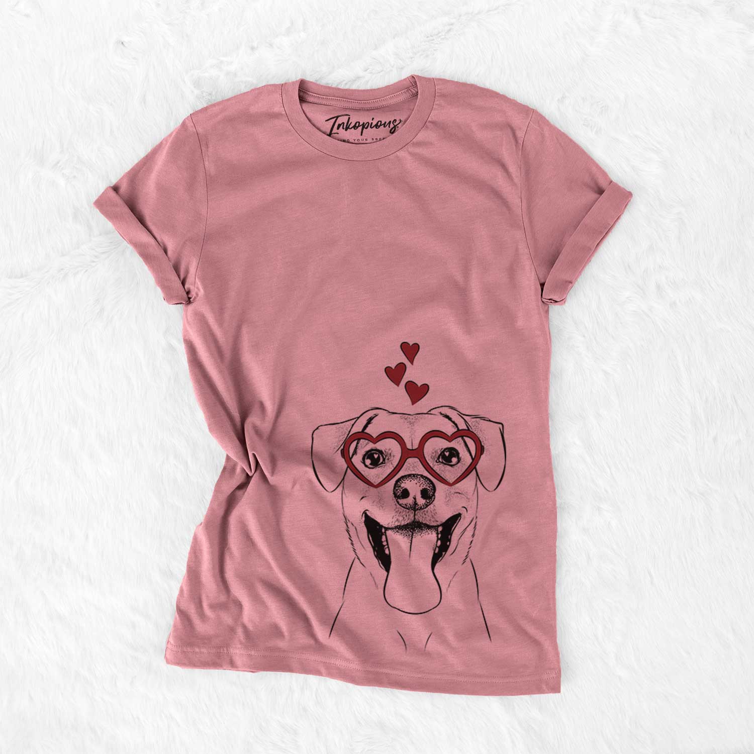 Hand-drawn sketch of Lily Estelle the Mixed Breed wearing heart-shaped glasses on a Mauve Bella Canvas Unisex Crewneck