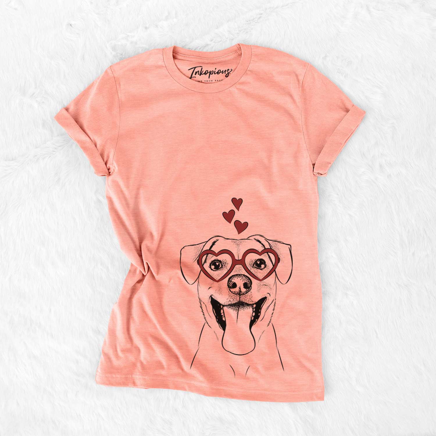 Hand-drawn sketch of Lily Estelle the Mixed Breed wearing heart-shaped glasses on a Sunset Bella Canvas Unisex Crewneck