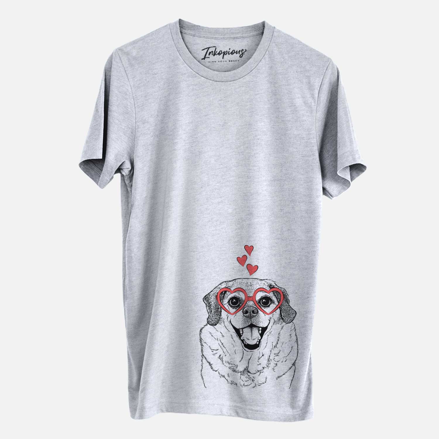 Hand-drawn sketch of Little Man the Puggle wearing heart-shaped glasses on a Grey Unisex crewneck