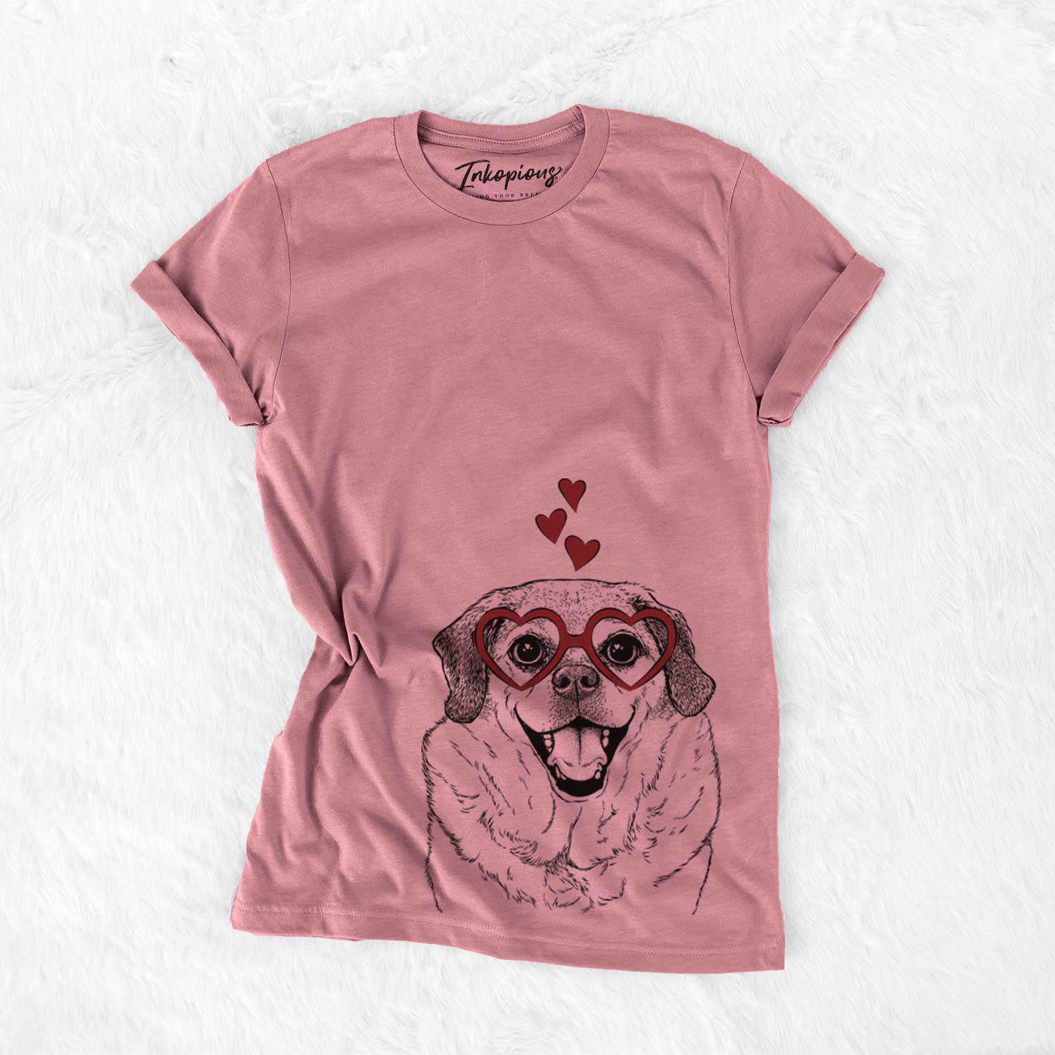 Hand-drawn sketch of LIttle Man the Puggle wearing heart-shaped glasses on a Mauve Bella Canvas Unisex Crewneck