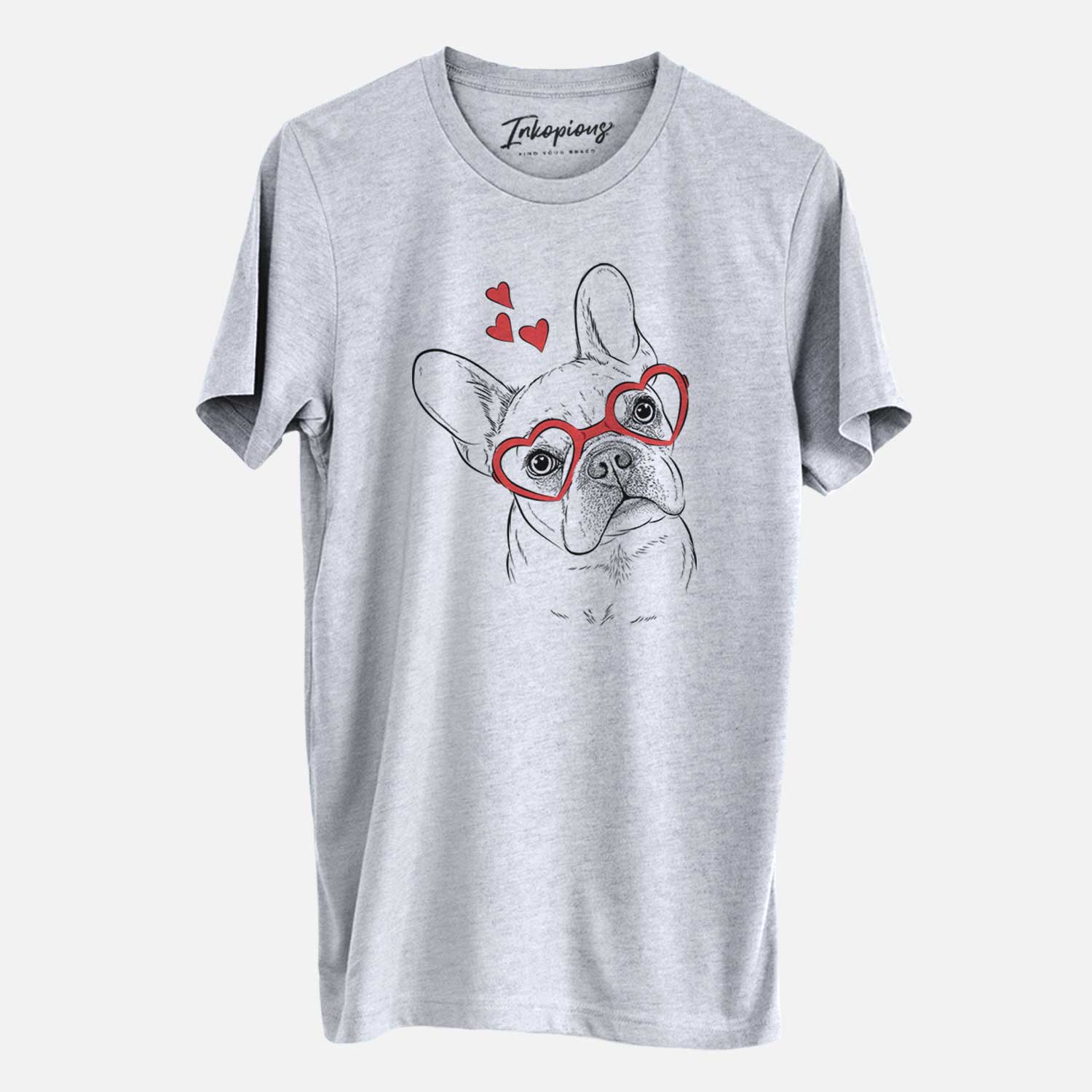 Hand-drawn sketch of Loki the French Bulldog wearing heart-shaped glasses on a Grey Unisex crewneck
