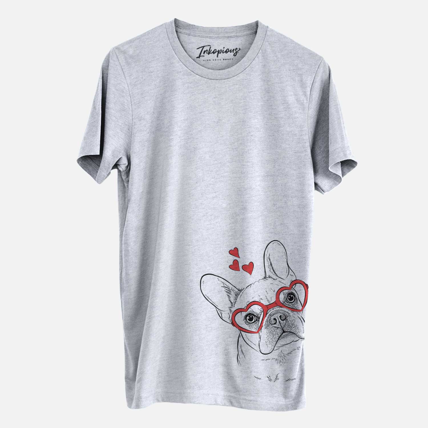 Hand-drawn sketch of Loki the French Bulldog wearing heart-shaped glasses on a Grey Unisex crewneck
