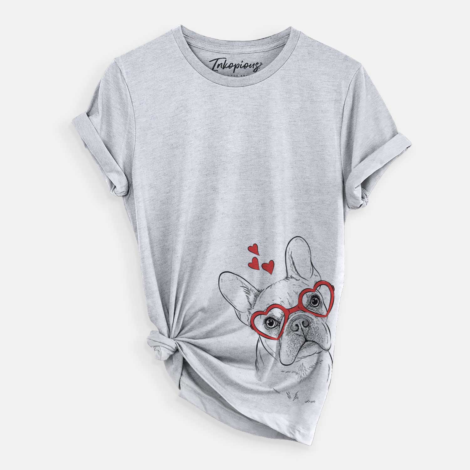 Hand-drawn sketch of Loki the French Bulldog wearing heart-shaped glasses on a Grey Unisex crewneck
