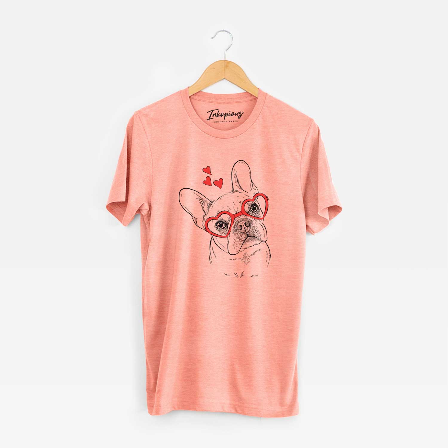 Hand-drawn sketch of Loki the French Bulldog wearing heart-shaped glasses on a Sunset Unisex crewneck