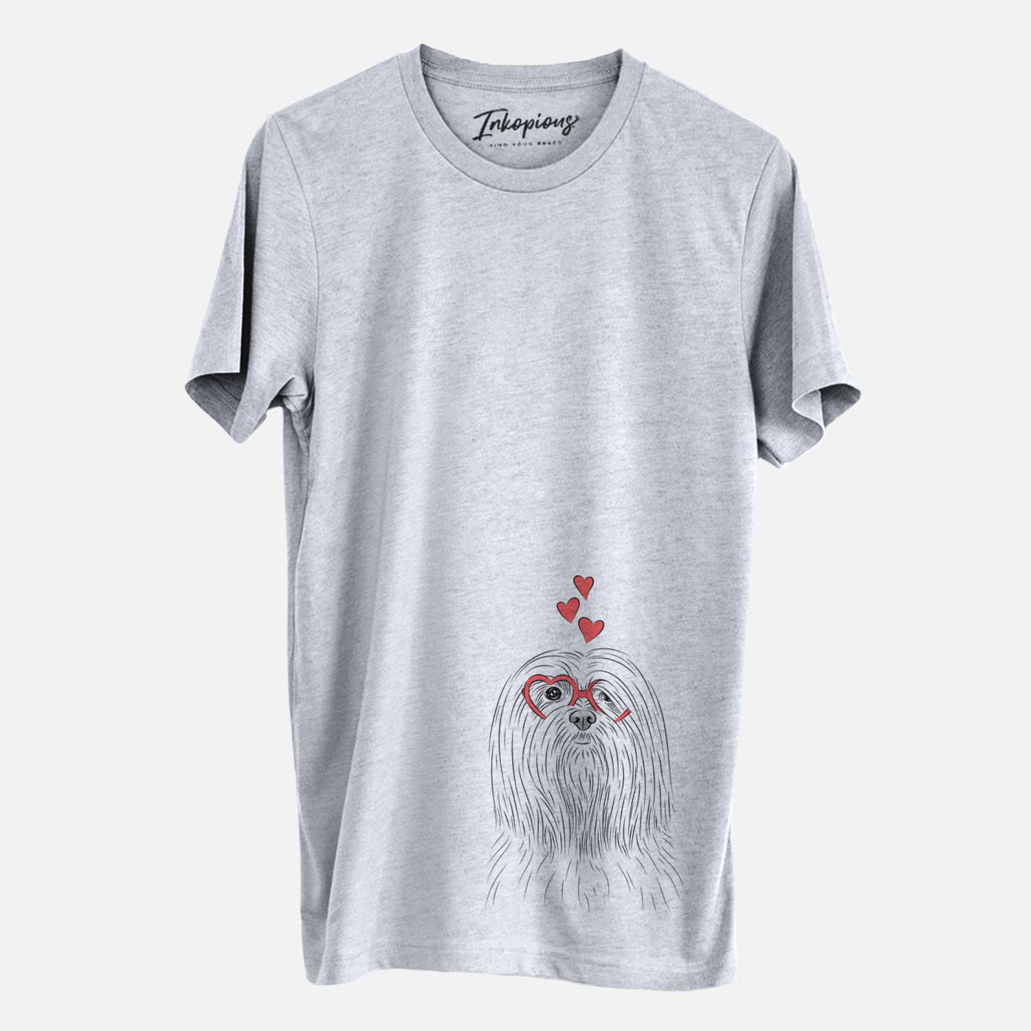 Hand-drawn sketch of Lorenzo the Lhasa Apso wearing heart-shaped glasses on a Grey Unisex crewneck