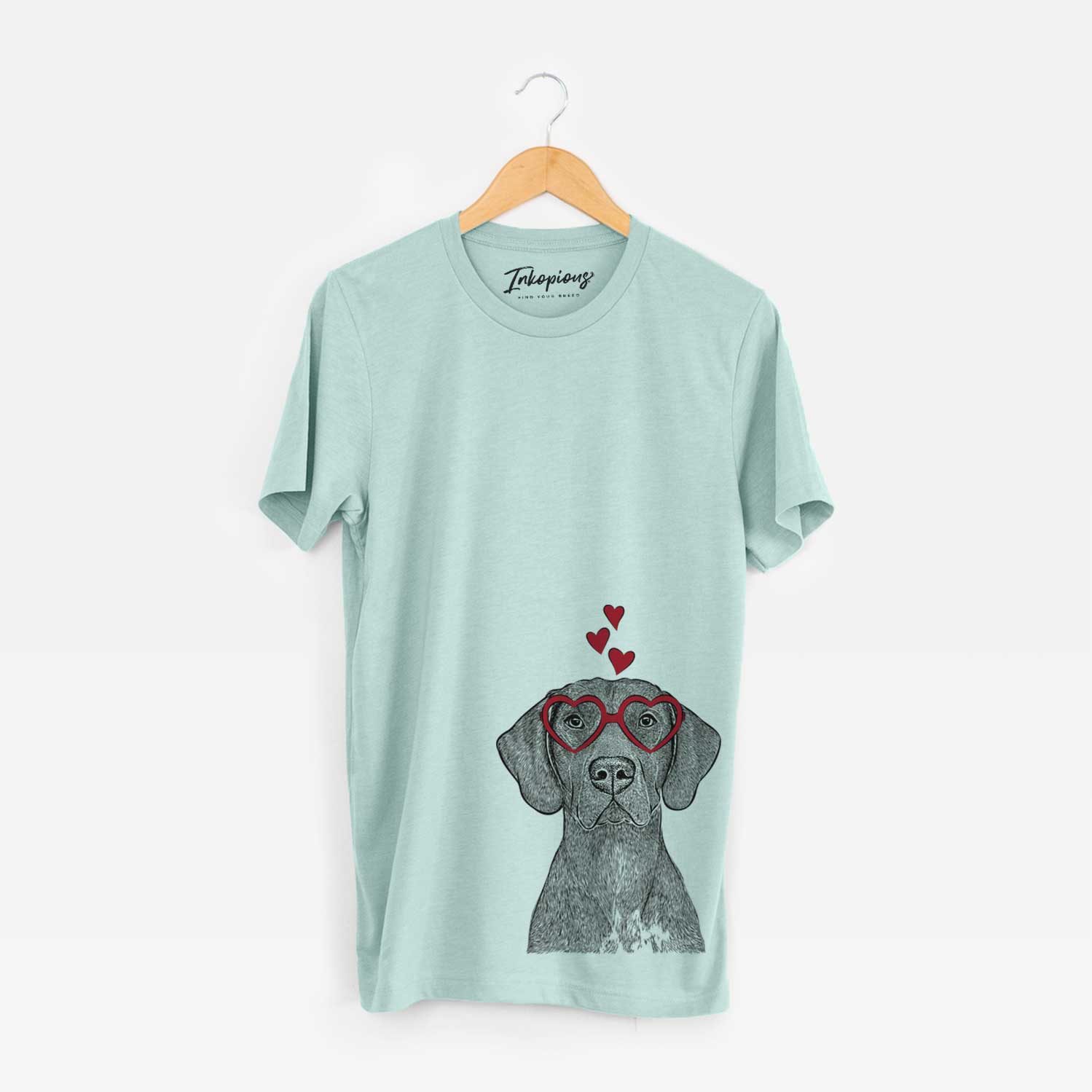Hand-drawn sketch of Lucifer the German Shorthaired Pointer wearing heart-shaped glasses on a Heather Sage Bella Canvas Unisex Crewneck