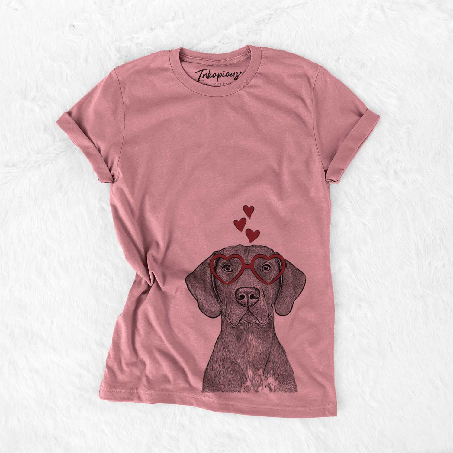 Hand-drawn sketch of Lucifer the German Shorthaired Pointer wearing heart-shaped glasses on a Mauve Bella Canvas Unisex Crewneck