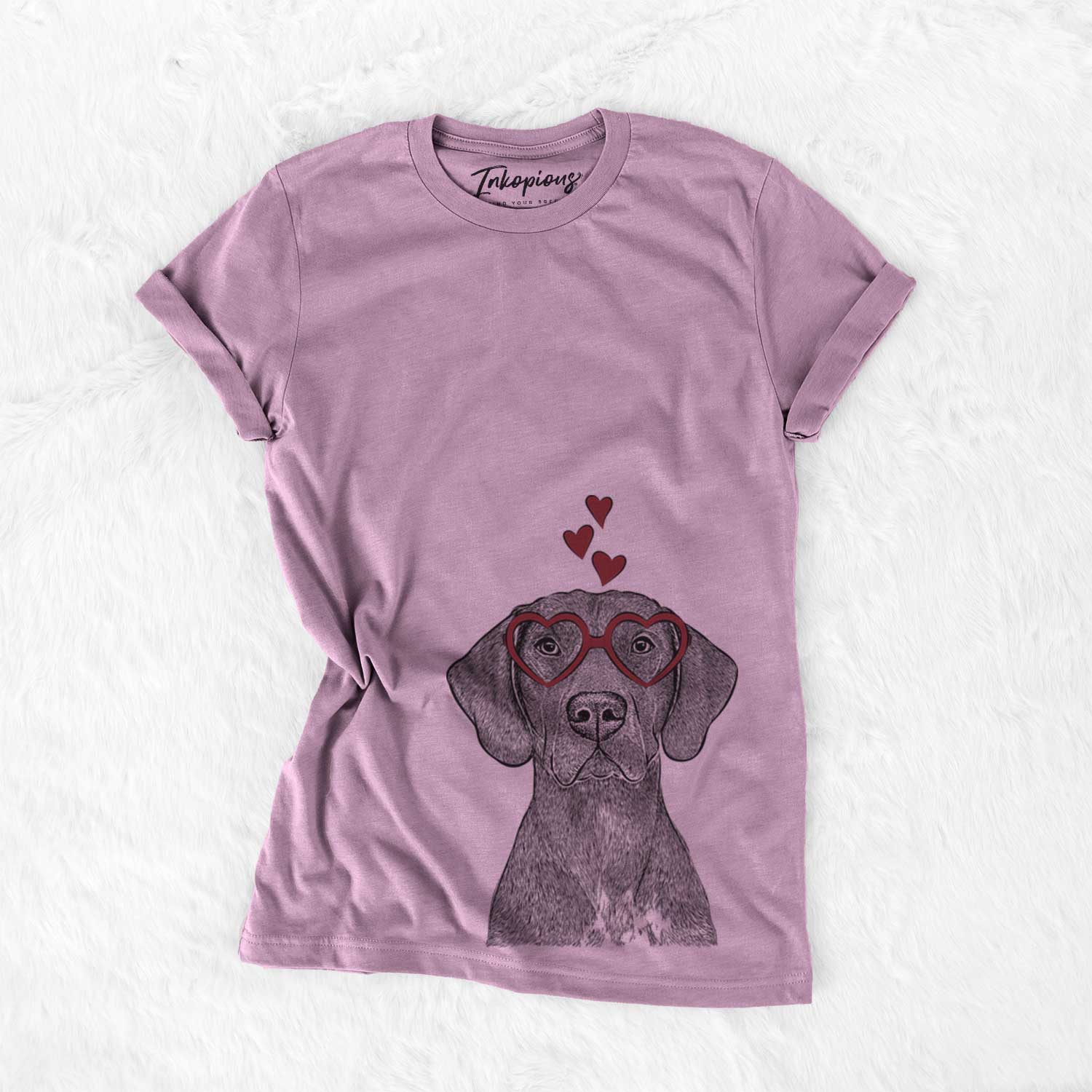 Hand-drawn sketch of Lucifer the German Shorthaired Pointer wearing heart-shaped glasses on an Orchid Bella Canvas Unisex Crewneck