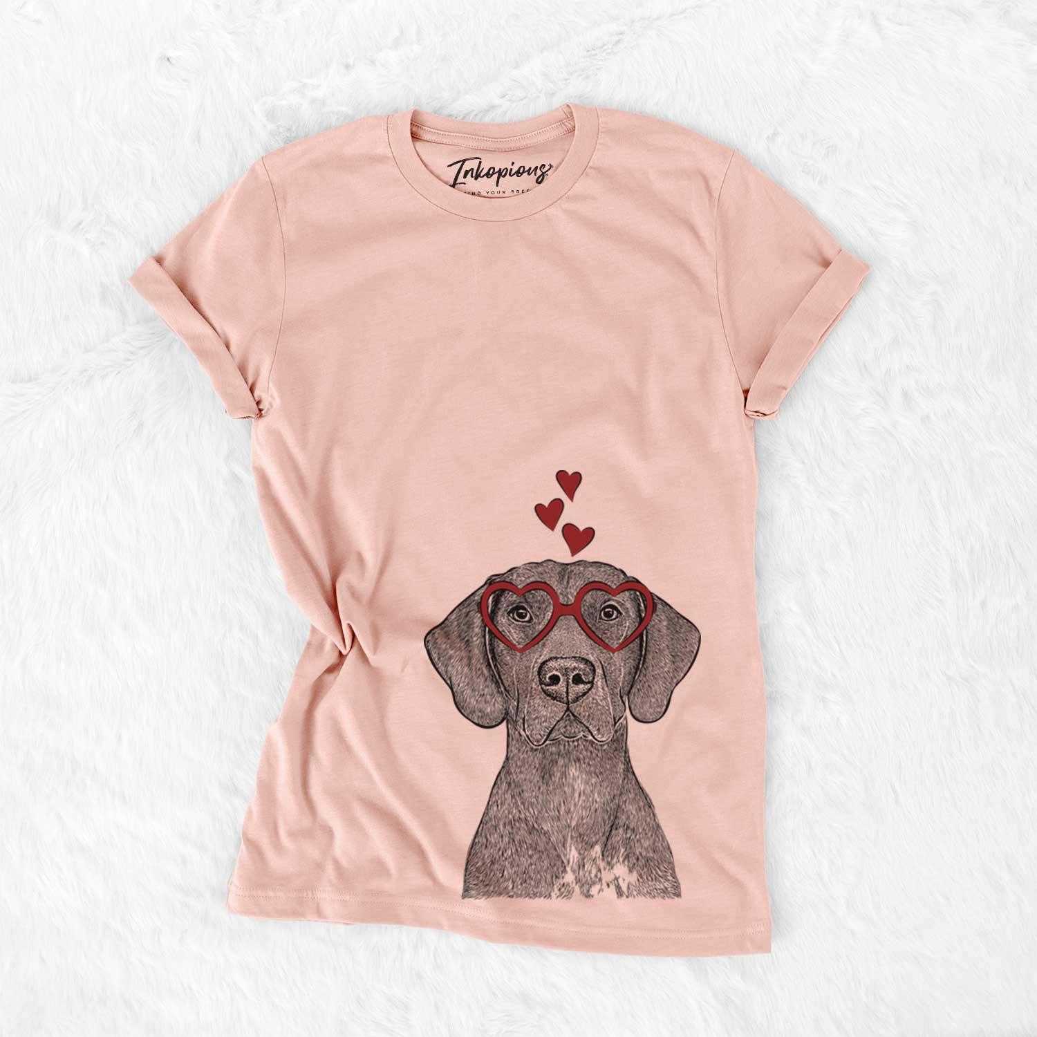 Hand-drawn sketch of Lucifer the German Shorthaired Pointer wearing heart-shaped glasses on a Peach Bella Canvas Unisex Crewneck