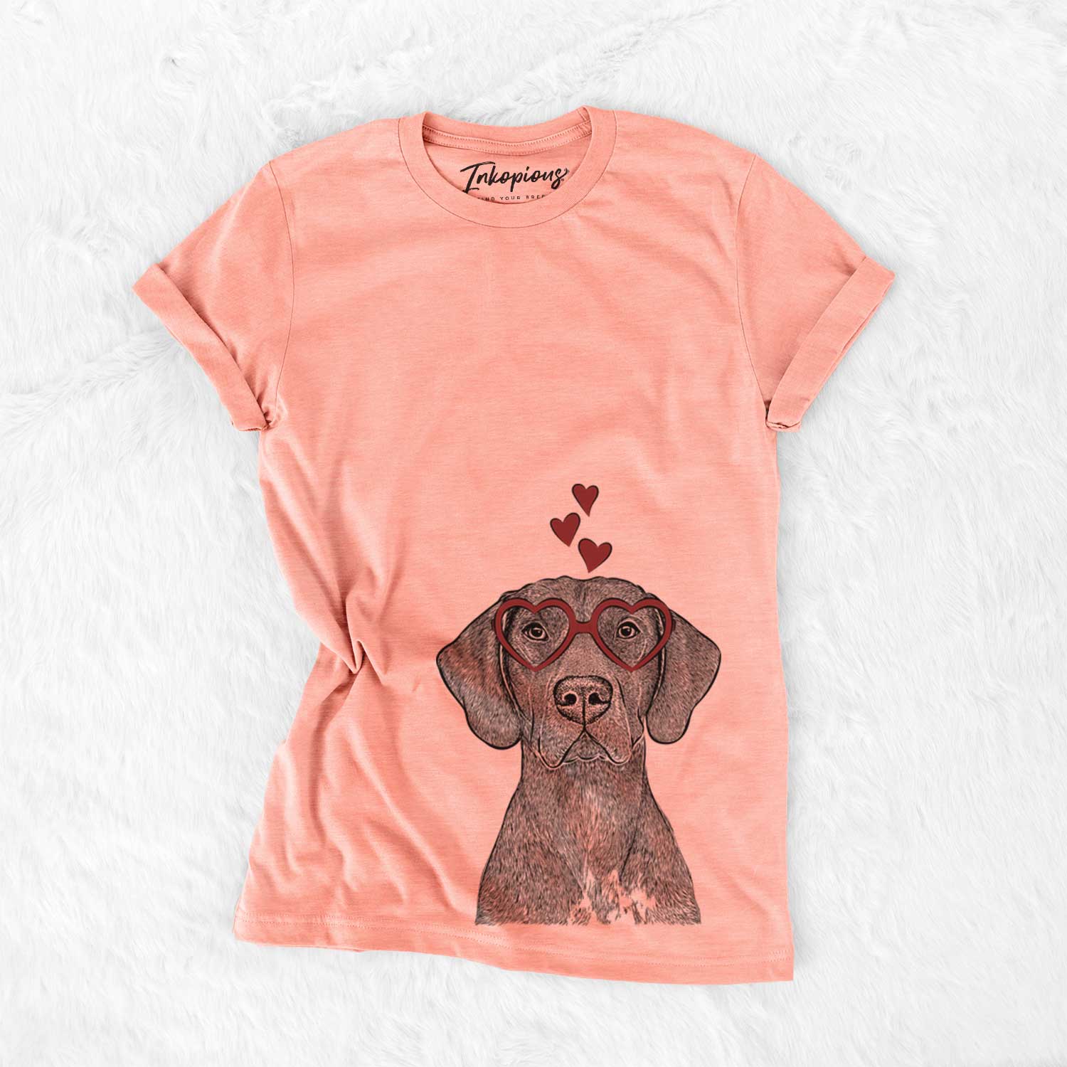 Hand-drawn sketch of Lucifer the German Shorthaired Pointer wearing heart-shaped glasses on a Sunset Bella Canvas Unisex Crewneck