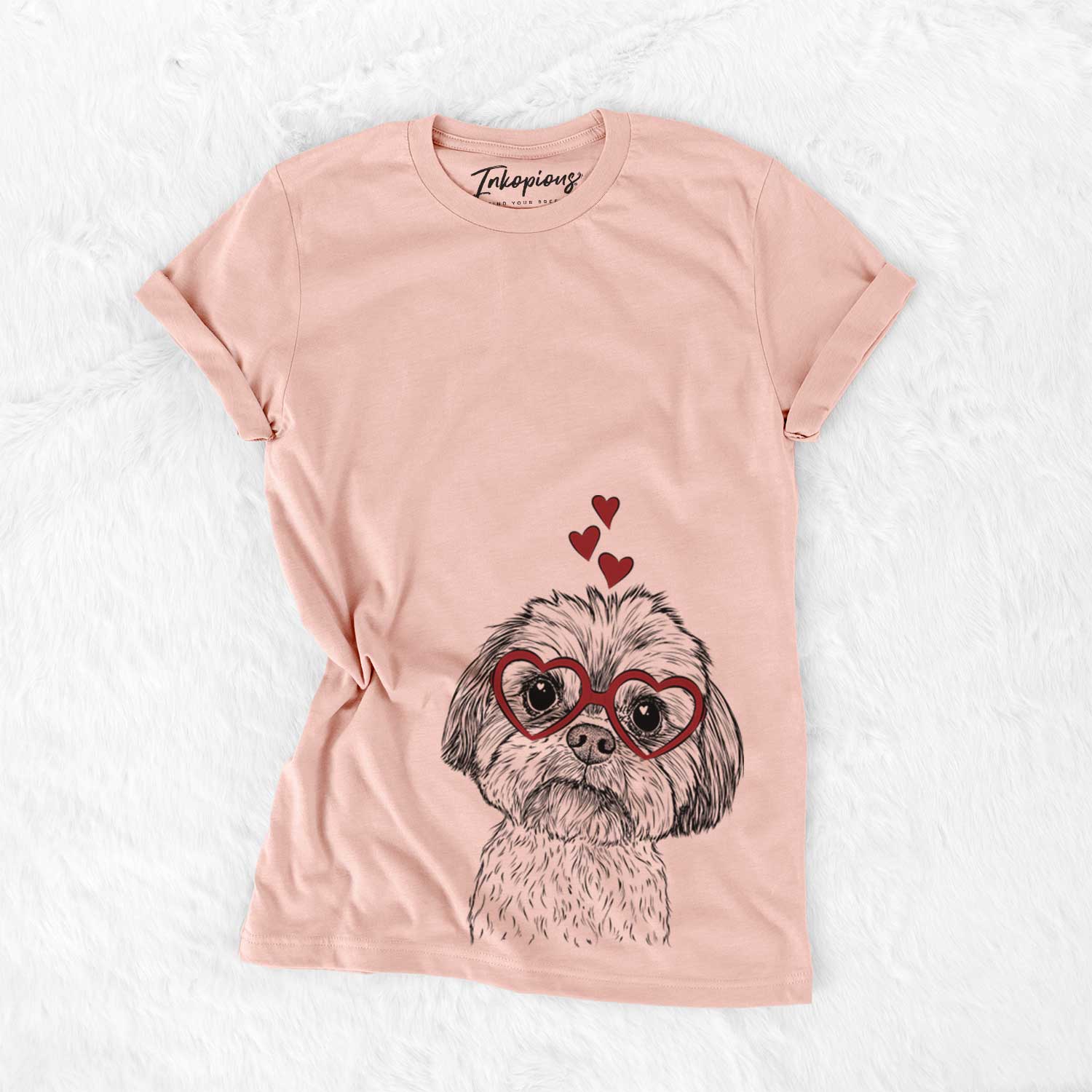 Hand-drawn sketch of Lucy the Shorkie wearing heart-shaped glasses on a Peach Bella Canvas Unisex Crewneck