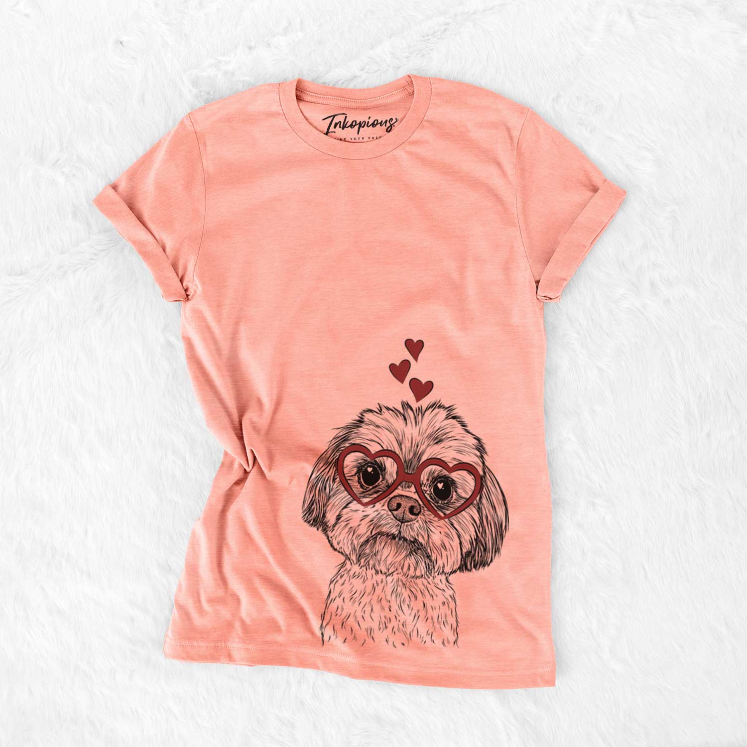 Hand-drawn sketch of Lucy the Shorkie wearing heart-shaped glasses on a Sunset Bella Canvas Unisex Crewneck