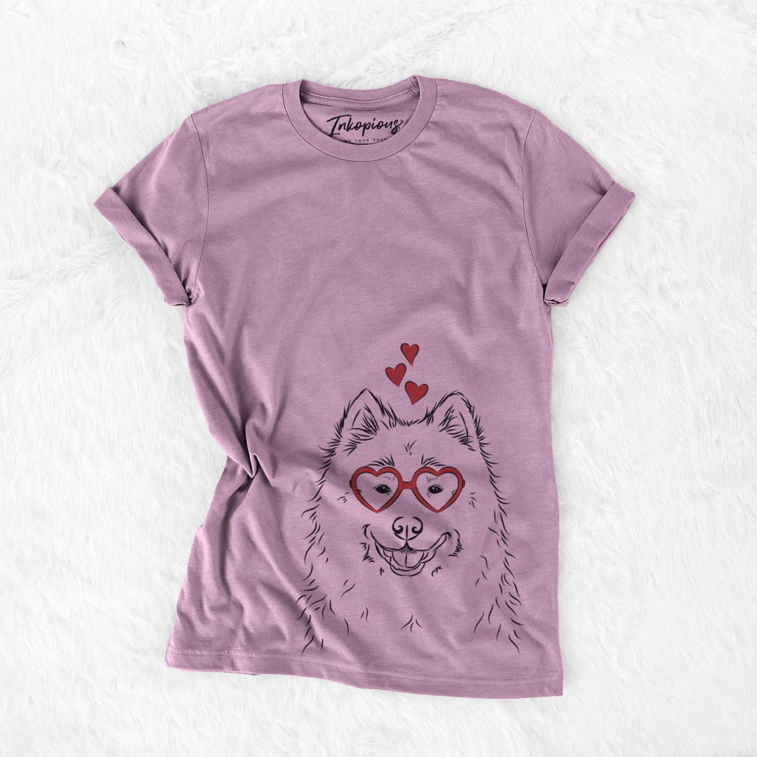 Hand-drawn sketch of Luka the Samoyed wearing heart-shaped glasses on an Orchid Bella Canvas Unisex Crewneck