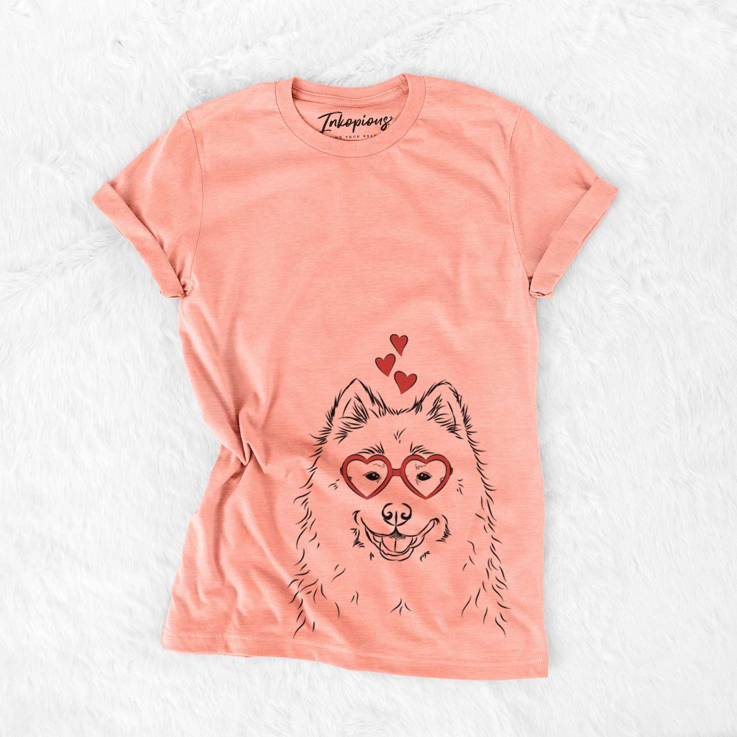 Hand-drawn sketch of Luka the Samoyed wearing heart-shaped glasses on a Sunset Bella Canvas Unisex Crewneck