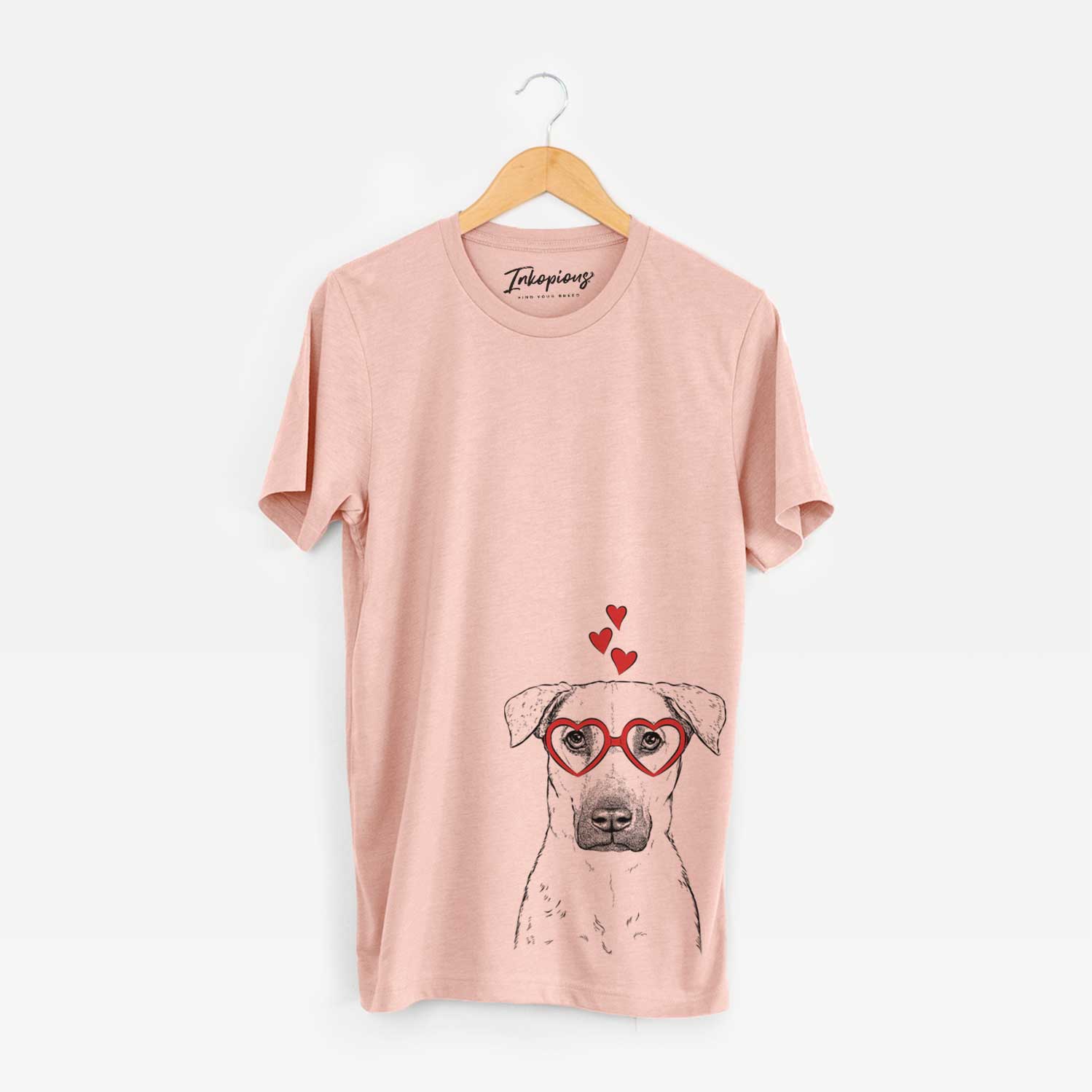 Hand-drawn sketch of Luna the Black Mouth Cur wearing heart-shaped glasses on a Peach Unisex crewneck