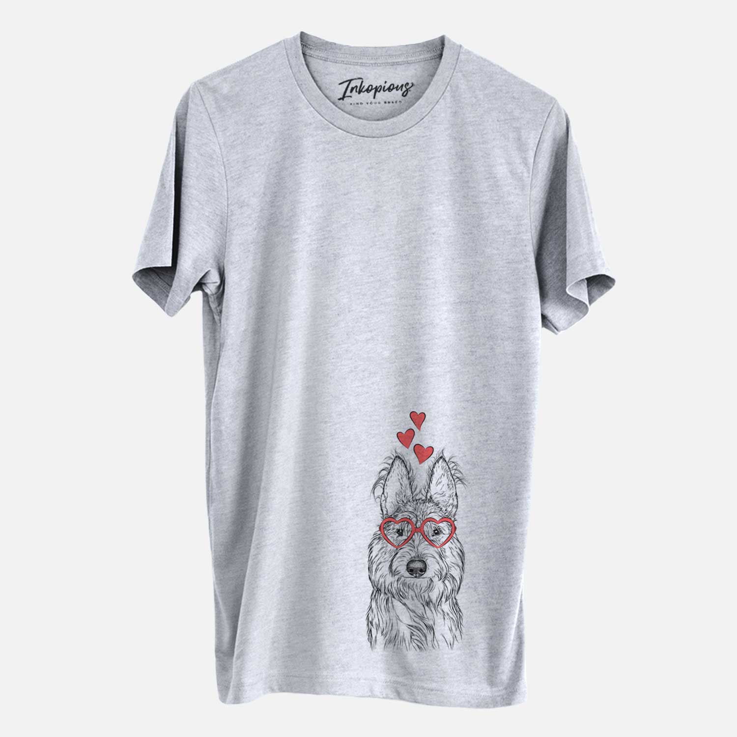Hand-drawn sketch of Luna the Berger Picard wearing heart-shaped glasses on a Grey Unisex crewneck