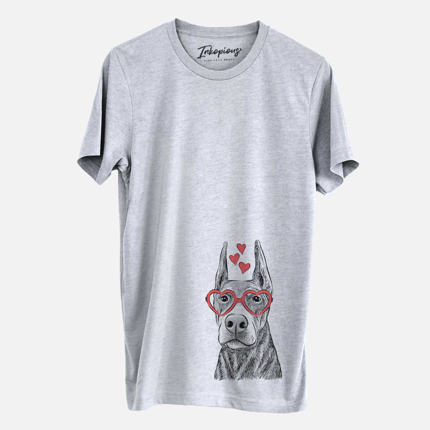 Hand-drawn sketch of Luna the Doberman Pinscher wearing heart-shaped glasses on a Grey Unisex crewneck