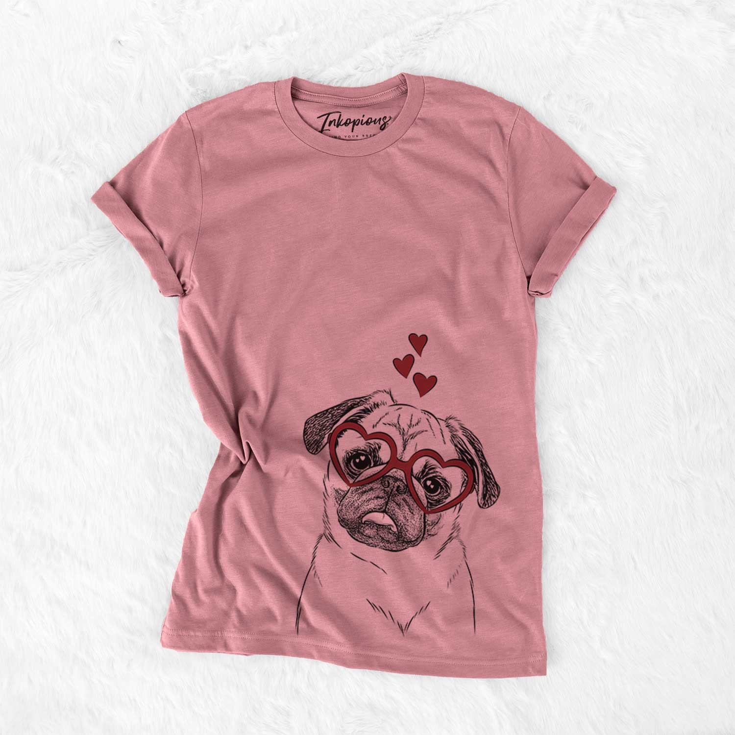 Hand-drawn sketch of Macy the Pug wearing heart-shaped glasses on a Mauve Bella Canvas Unisex Crewneck