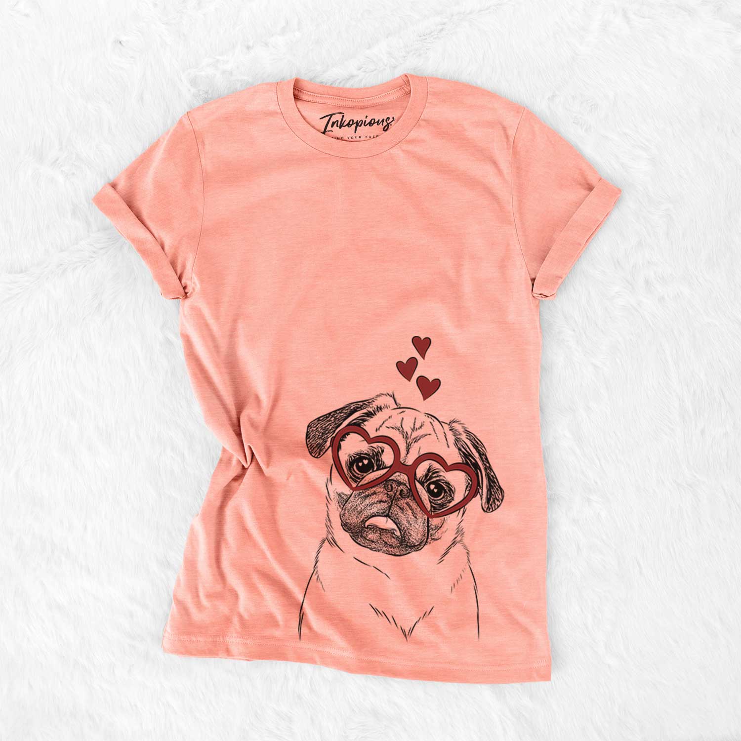 Hand-drawn sketch of Macy the Pug wearing heart-shaped glasses on a Sunset Bella Canvas Unisex Crewneck