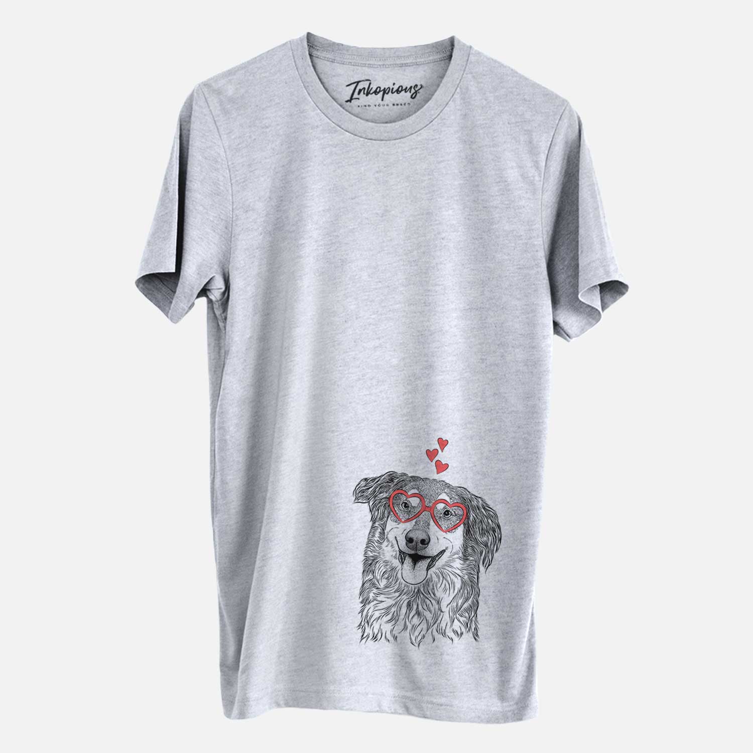 Hand-drawn sketch of Maddie the English Shepherd wearing heart-shaped glasses on a Grey Unisex crewneck