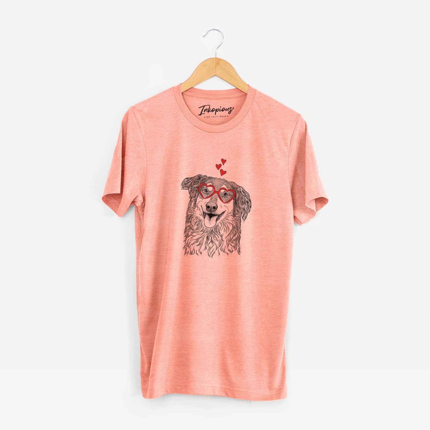 Hand-drawn sketch of Maddie the English Shepherd wearing heart-shaped glasses on a Sunset Unisex crewneck