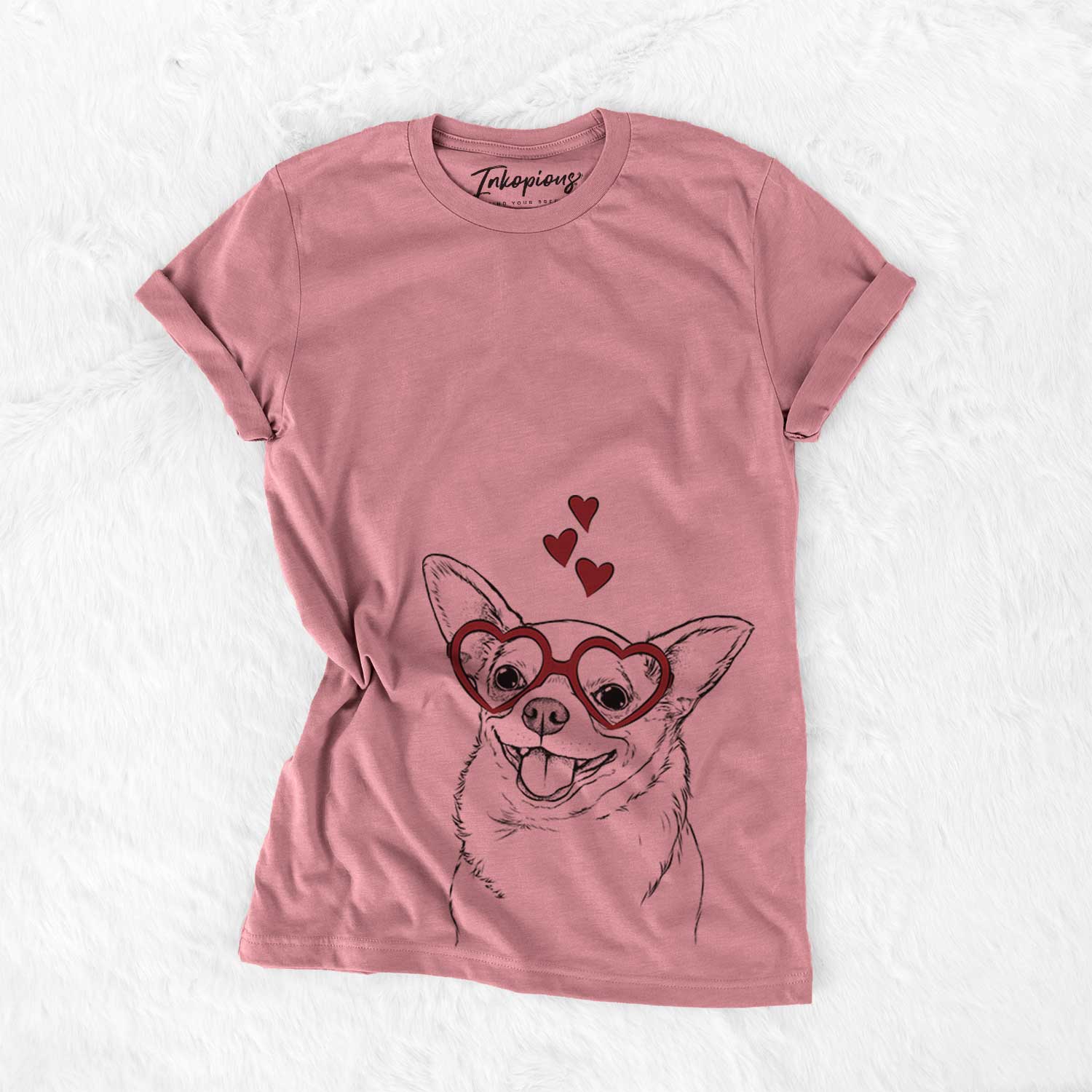 Hand-drawn sketch of Maddison Pearl the Chihuahua wearing heart-shaped glasses on a Mauve Bella Canvas Unisex Crewneck