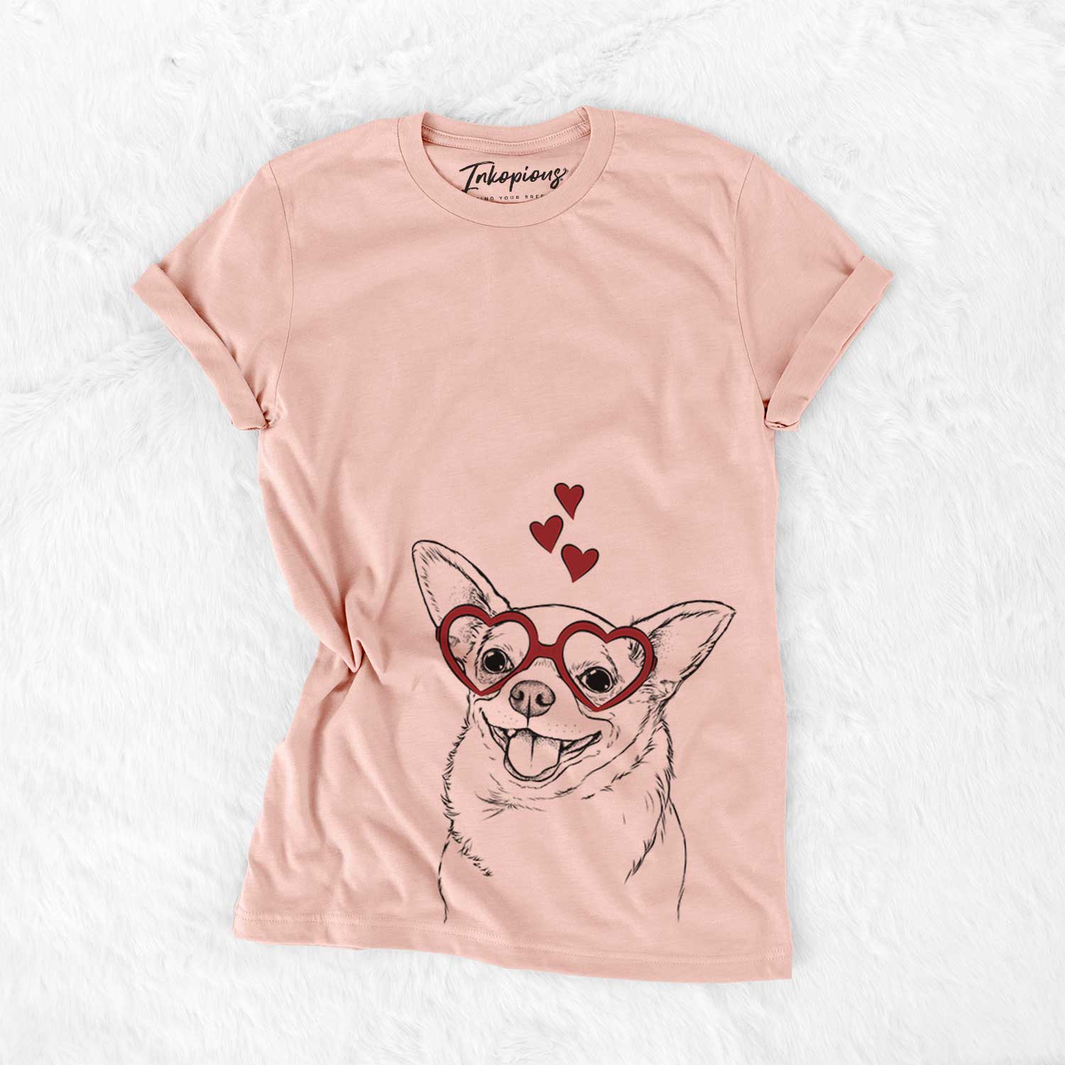 Hand-drawn sketch of Maddison Pearl the Chihuahua wearing heart-shaped glasses on a Peach Bella Canvas Unisex Crewneck