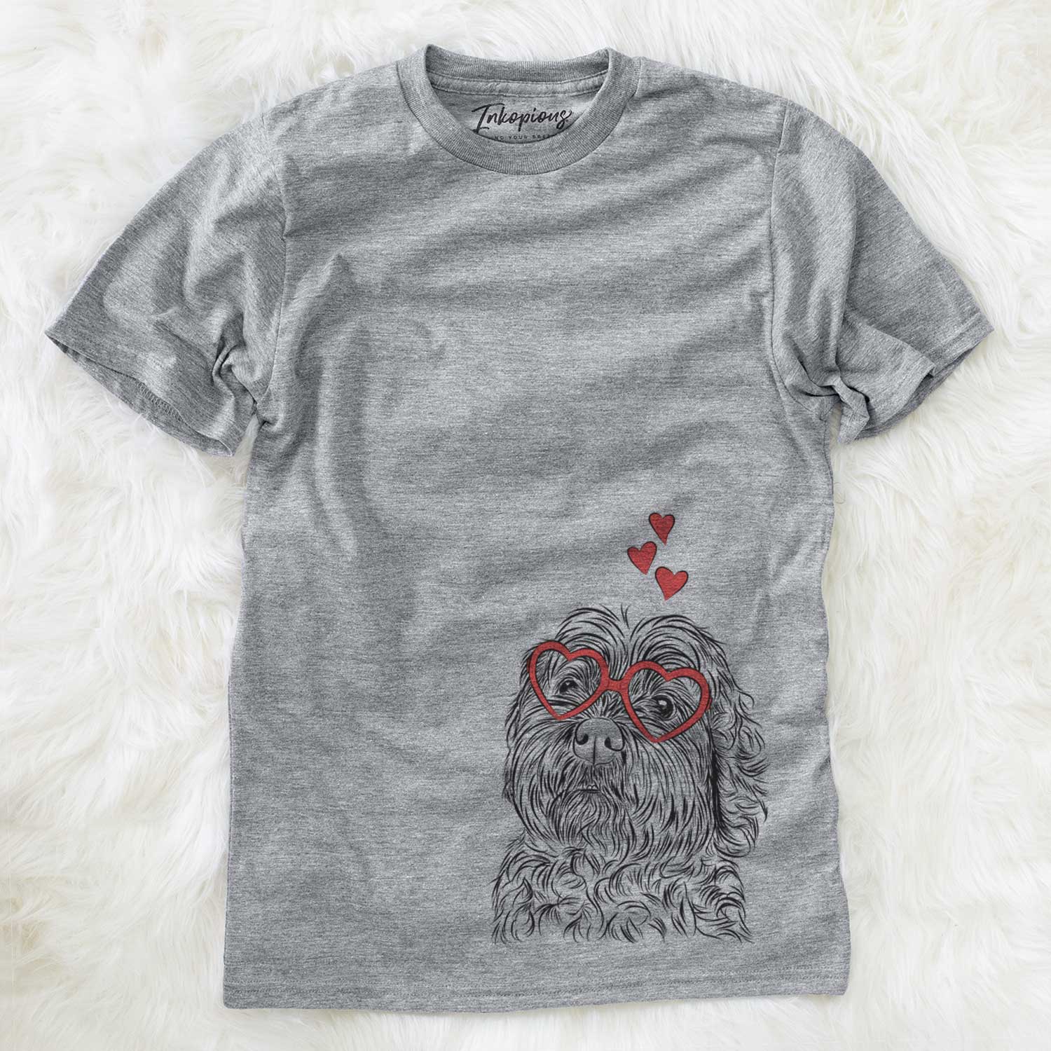 Hand-drawn sketch of Maggie Girl the Cockapoo wearing heart-shaped glasses on a Grey Unisex crewneck
