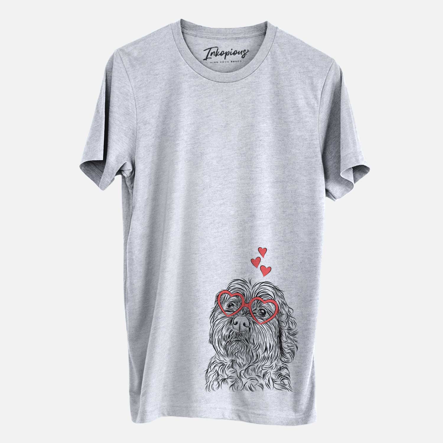 Hand-drawn sketch of Maggie Girl the Cockapoo wearing heart-shaped glasses on a Grey Unisex crewneck