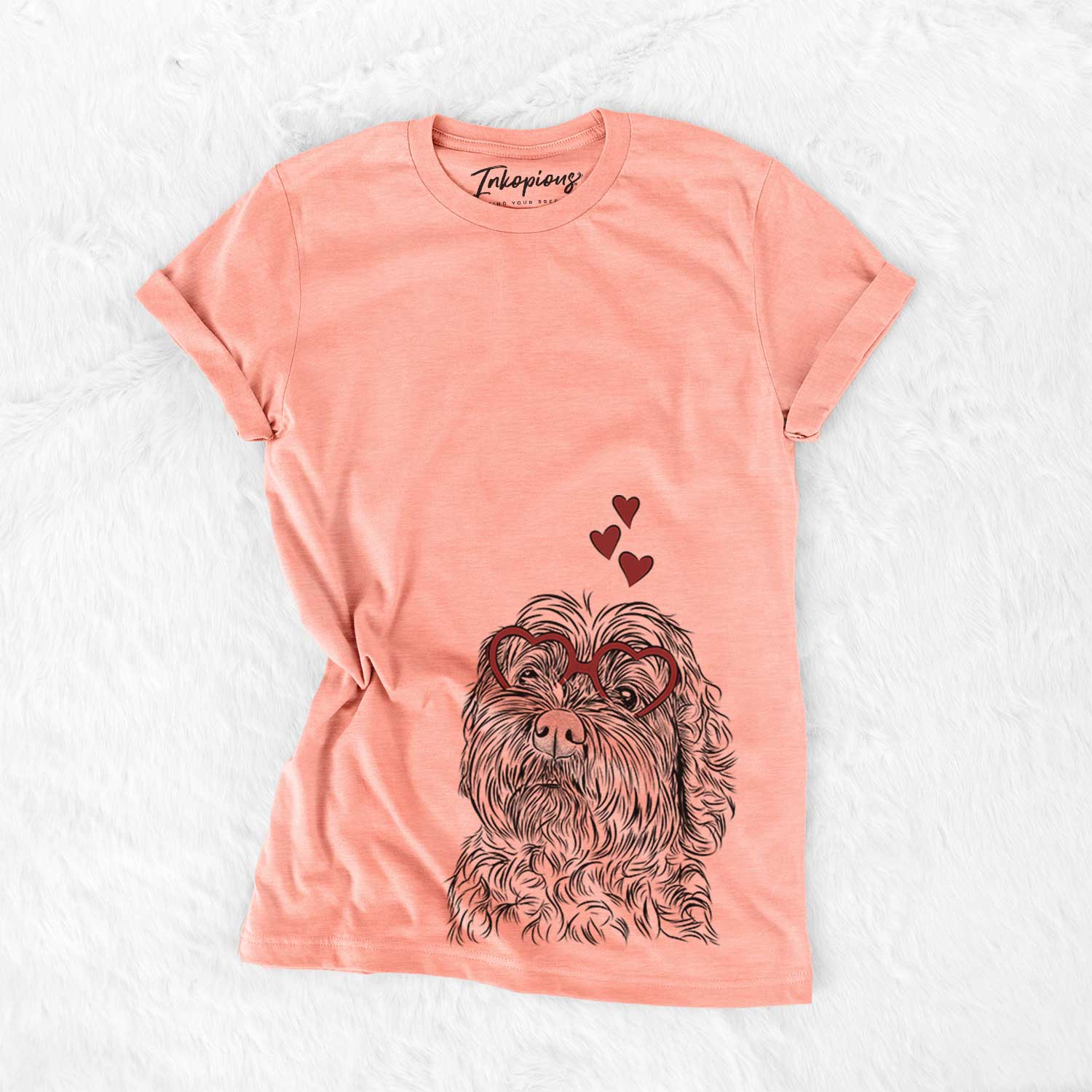 Hand-drawn sketch of Maggie Girl the Cockapoo wearing heart-shaped glasses on a Sunset Bella Canvas Unisex Crewneck