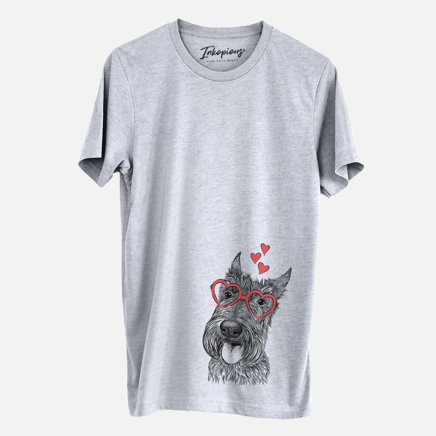 Hand-drawn sketch of Magnus the Scottish Terrier wearing heart-shaped glasses on a Grey Unisex crewneck