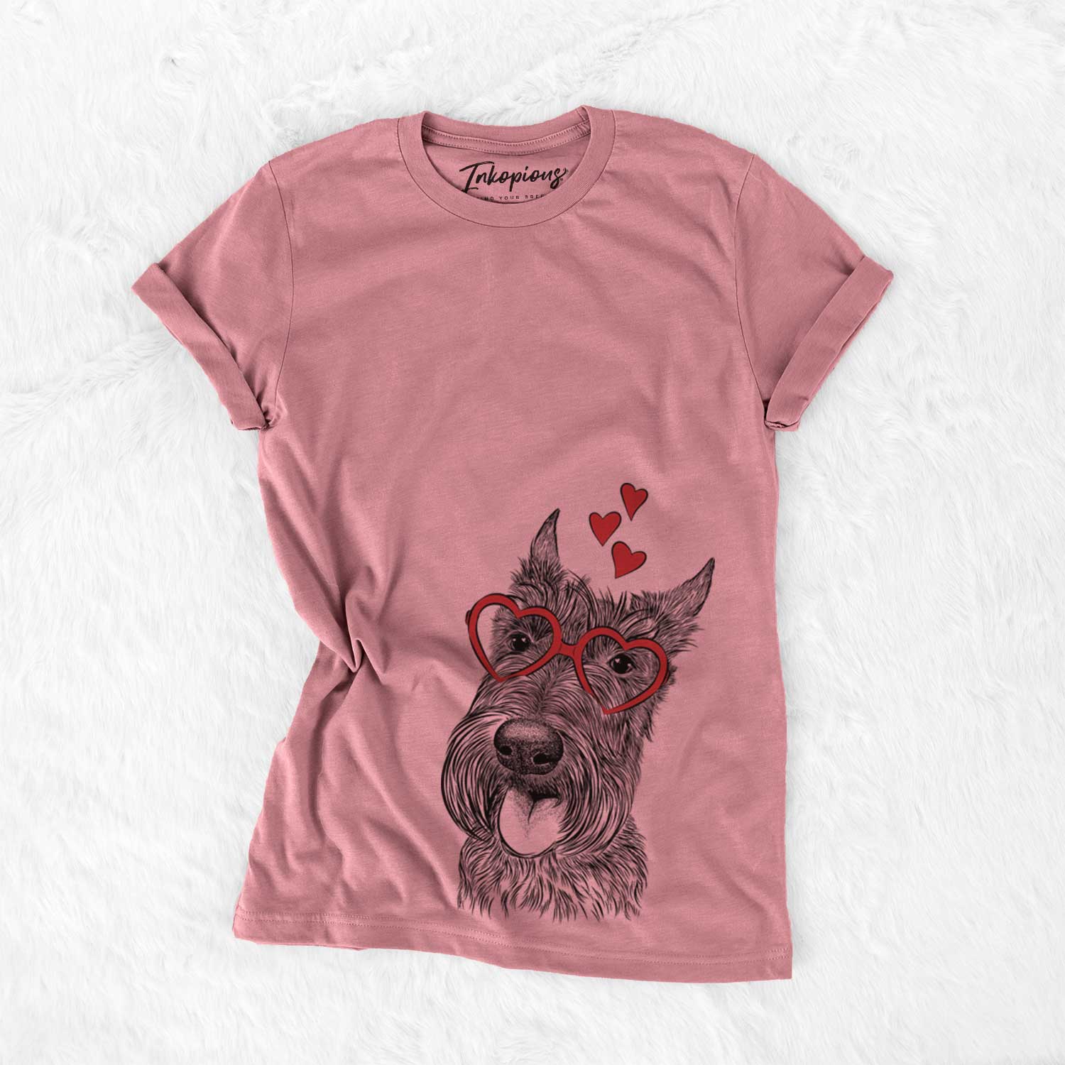 Hand-drawn sketch of Magnus the Scottish Terrier wearing heart-shaped glasses on a Mauve Bella Canvas Unisex Crewneck