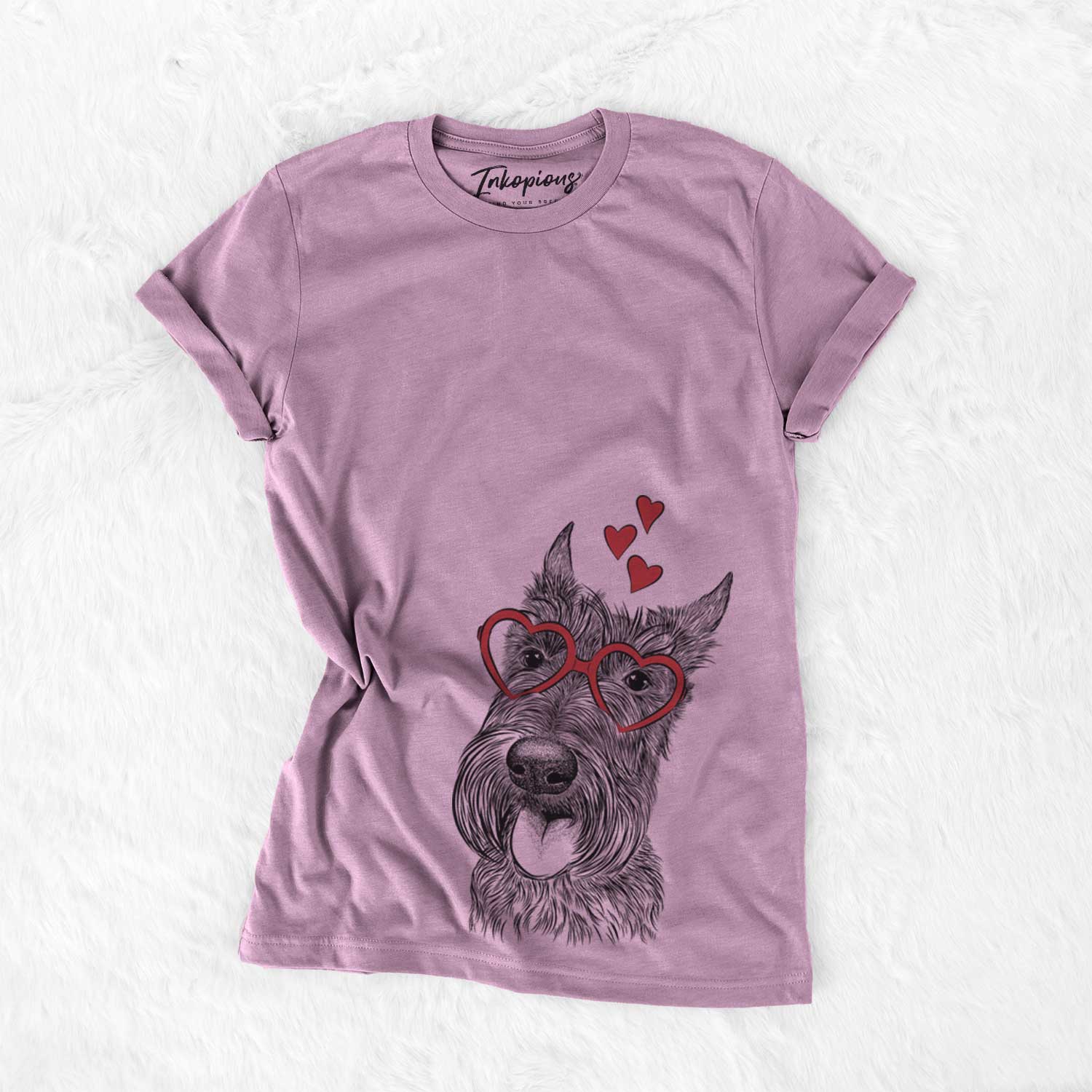 Hand-drawn sketch of Magnus the Scottish Terrier wearing heart-shaped glasses on an Orchid Bella Canvas Unisex Crewneck