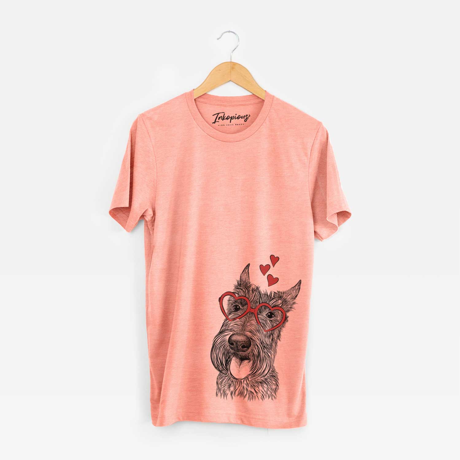 Hand-drawn sketch of Magnus the Scottish Terrier wearing heart-shaped glasses on a Sunset Unisex crewneck