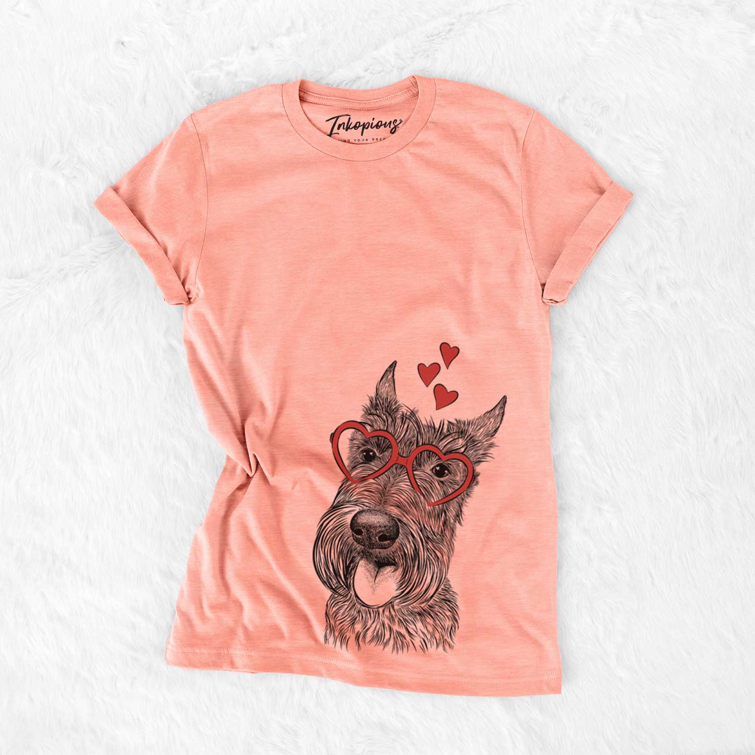 Hand-drawn sketch of Magnus the Scottish Terrier wearing heart-shaped glasses on a Sunset Bella Canvas Unisex Crewneck