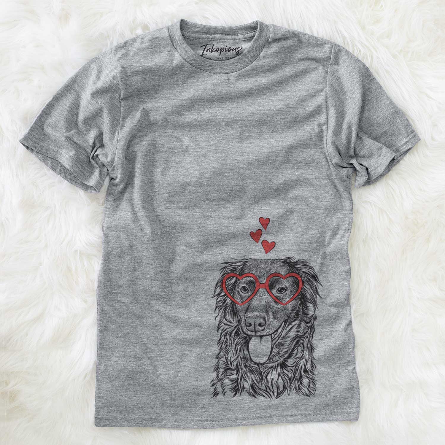 Hand-drawn sketch of Maisie Mae the Aussiedor wearing heart-shaped glasses on a Grey Unisex crewneck