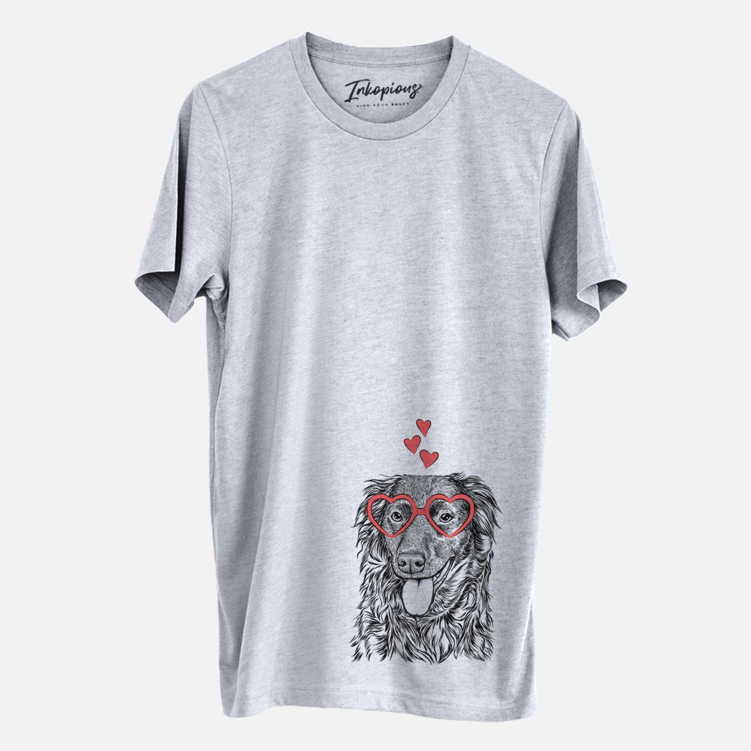 Hand-drawn sketch of Maisie Mae the Aussiedor wearing heart-shaped glasses on a Grey Unisex crewneck