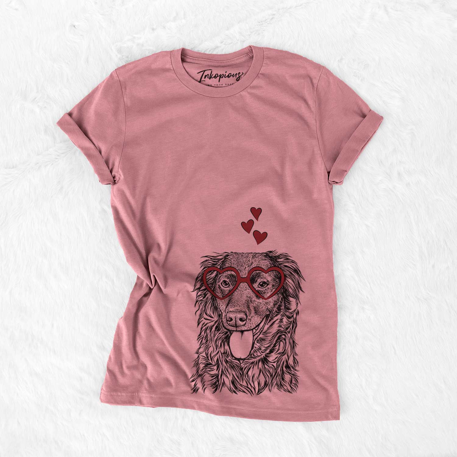 Hand-drawn sketch of Maisie the Aussiedor wearing heart-shaped glasses on a Mauve Bella Canvas Unisex Crewneck