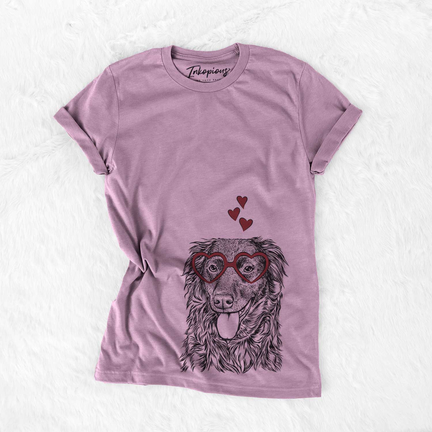 Hand-drawn sketch of Maisie the Aussiedor wearing heart-shaped glasses on an Orchid Bella Canvas Unisex Crewneck