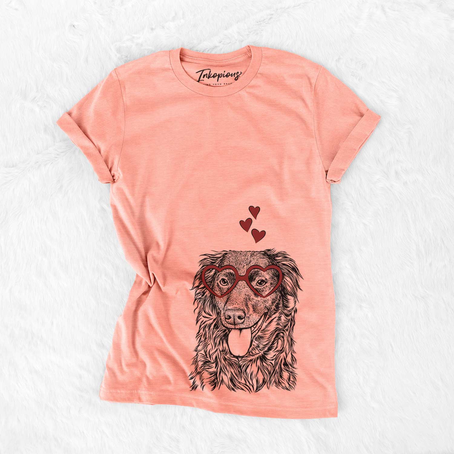 Hand-drawn sketch of Maisie the Aussiedor wearing heart-shaped glasses on a Sunset Bella Canvas Unisex Crewneck