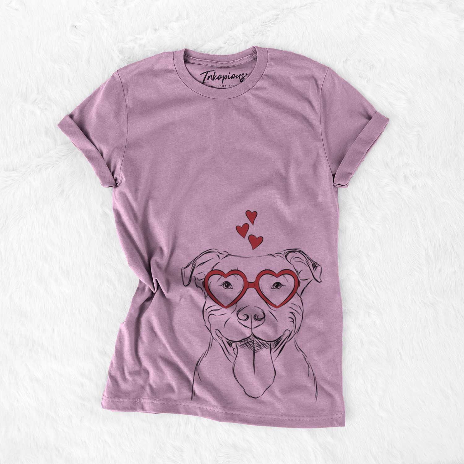 Hand-drawn sketch of Major the Pitbull wearing heart-shaped glasses on an Orchid Bella Canvas Unisex Crewneck