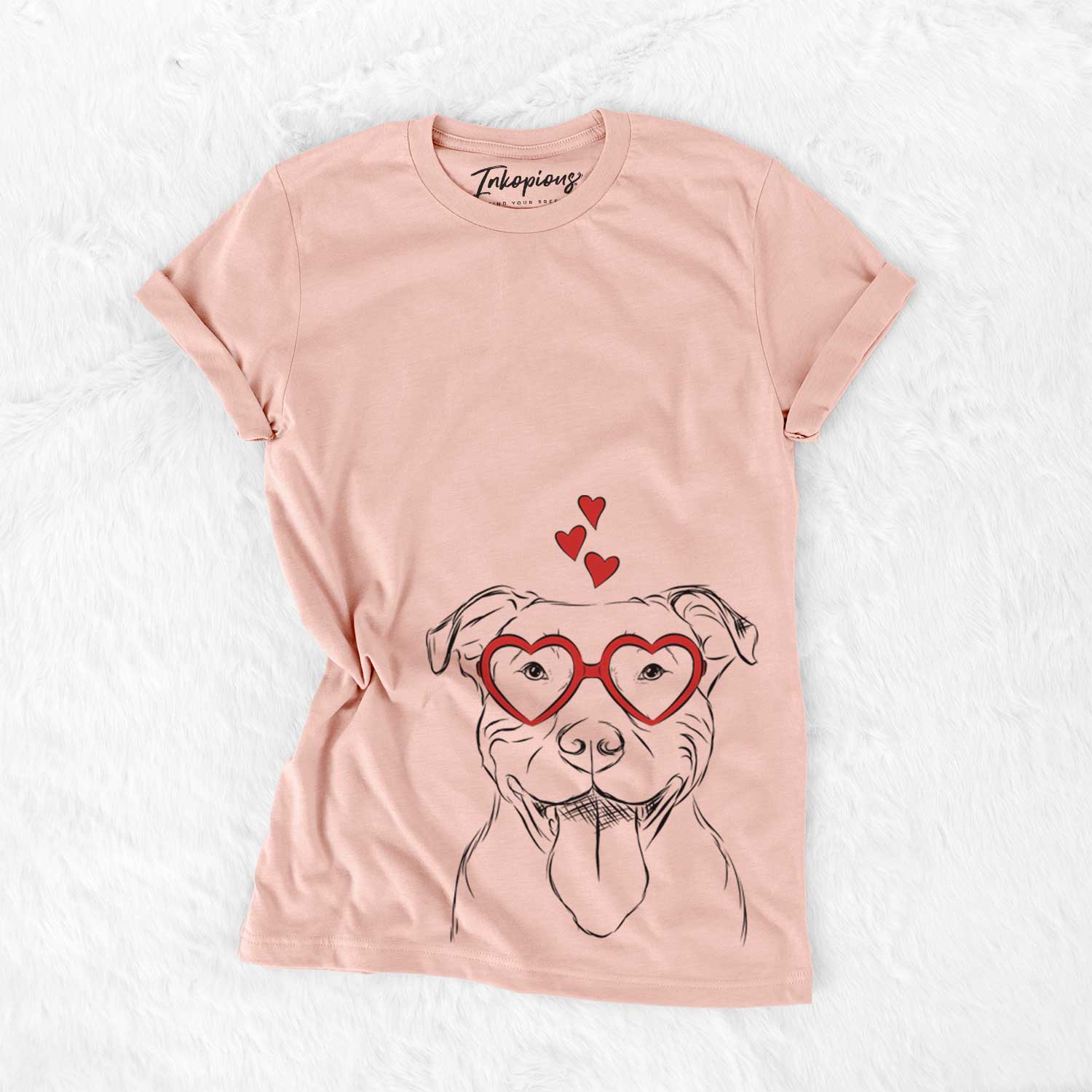 Hand-drawn sketch of Major the Pitbull wearing heart-shaped glasses on a Peach Bella Canvas Unisex Crewneck