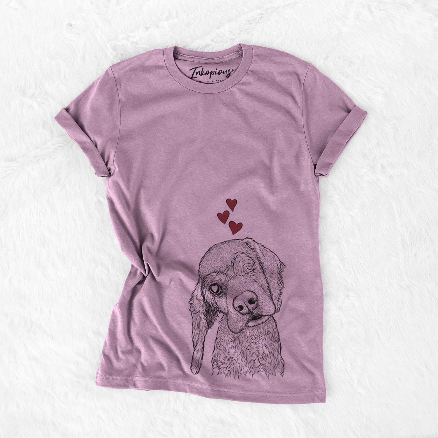 Hand-drawn sketch of Mambo #5 the Cocker Spaniel wearing heart-shaped glasses on an Orchid Bella Canvas Unisex Crewneck
