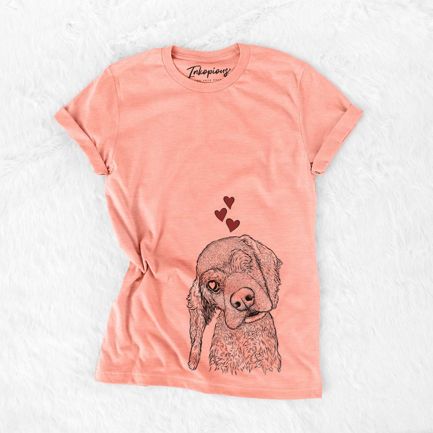 Hand-drawn sketch of Mambo #5 the Cocker Spaniel wearing heart-shaped glasses on a Sunset Bella Canvas Unisex Crewneck