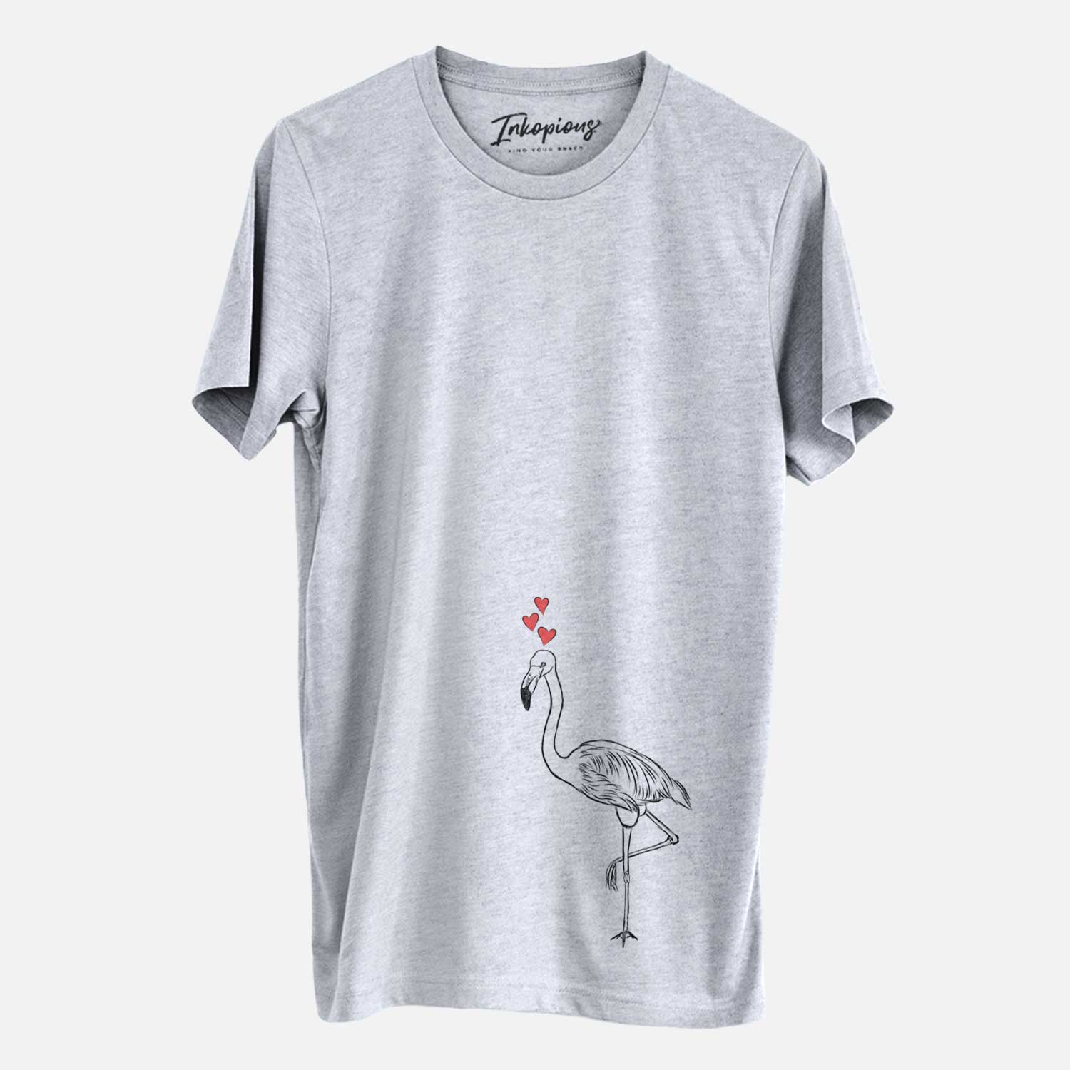 Hand-drawn sketch of Mango the Flamingo wearing heart-shaped glasses on a Grey Unisex crewneck