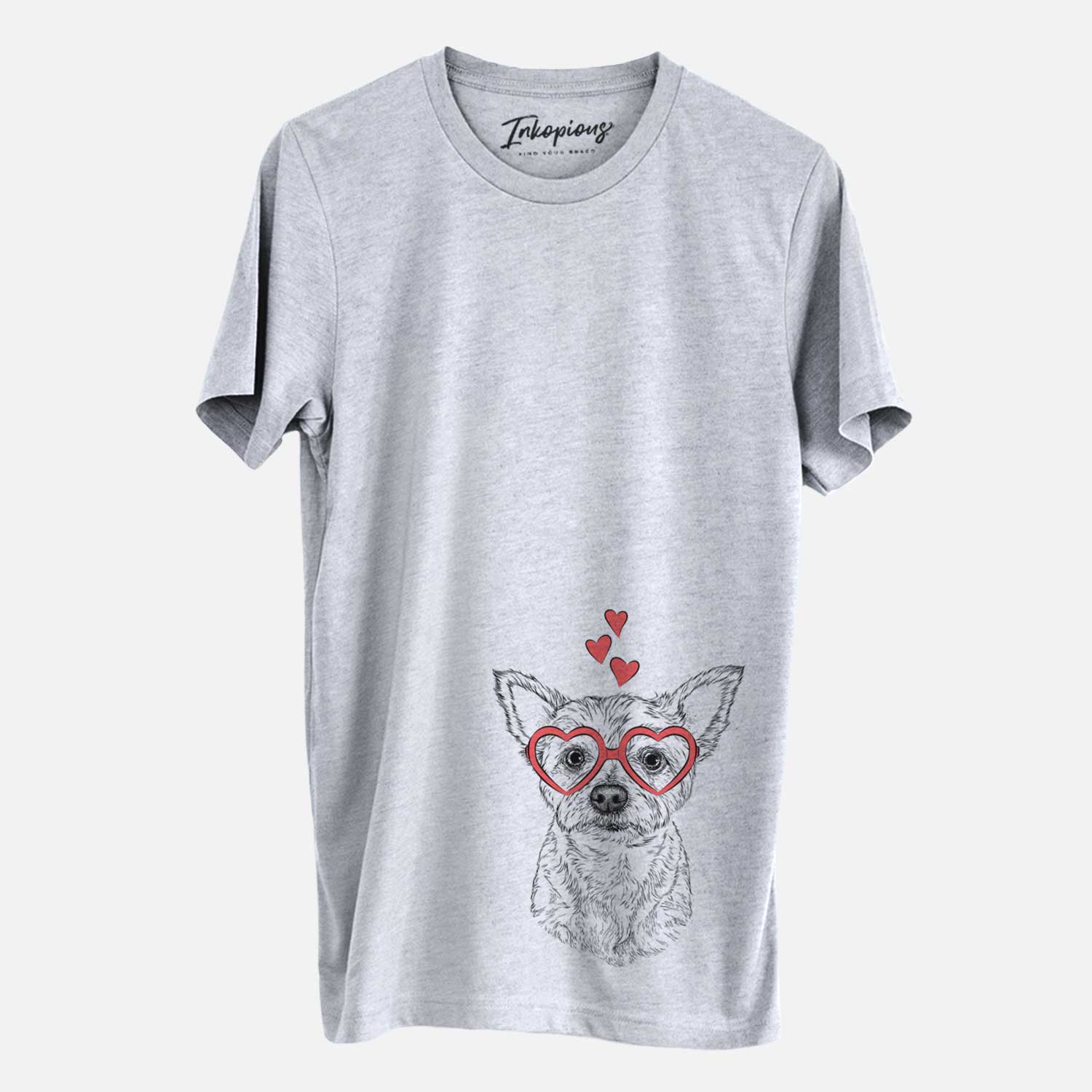 Hand-drawn sketch of Mango the Yorker Cairn Terrier Mix wearing heart-shaped glasses on a Grey Unisex crewneck
