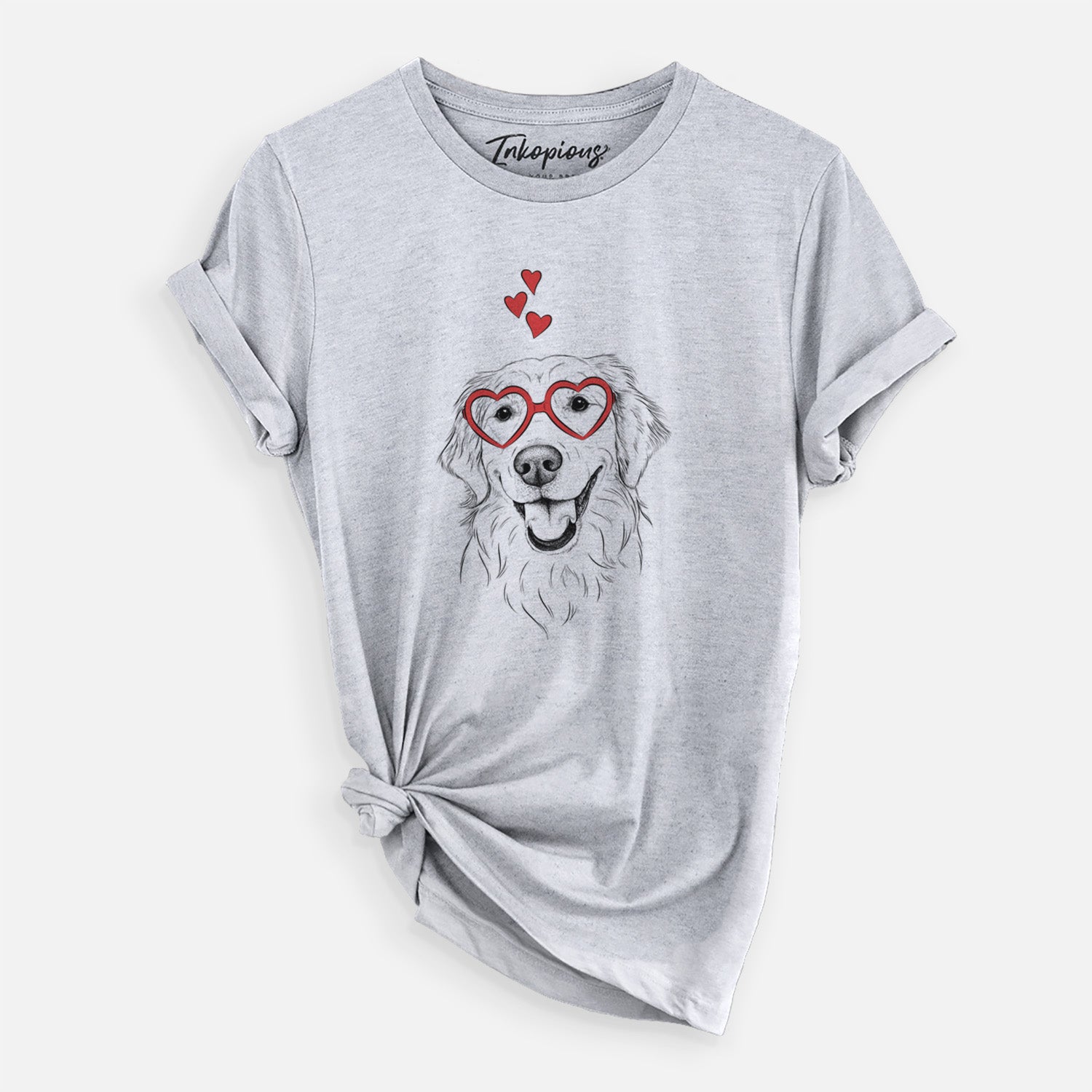 Hand-drawn sketch of Maple the Golden Retriever wearing heart-shaped glasses on a Grey Unisex crewneck