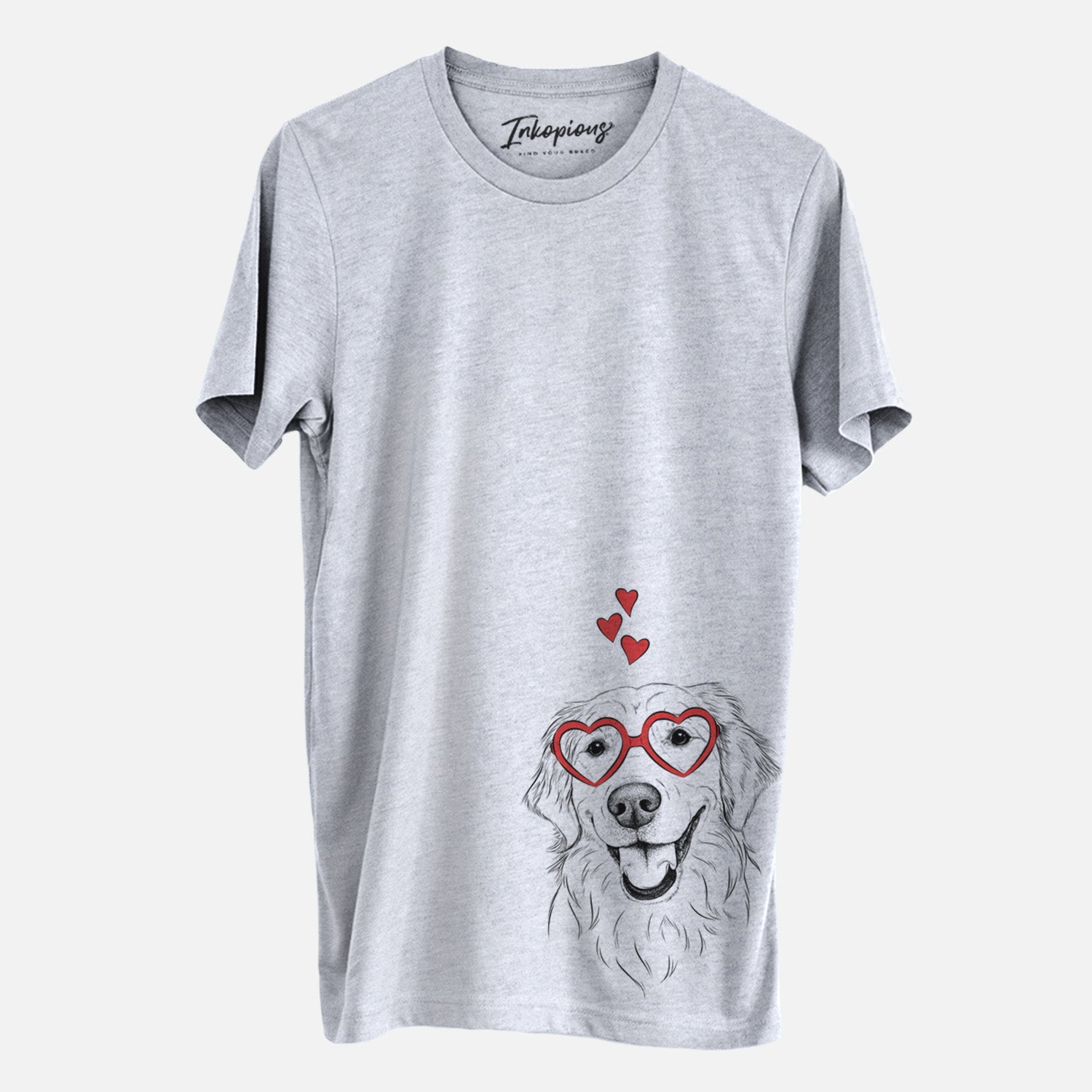 Hand-drawn sketch of Maple the Golden Retriever wearing heart-shaped glasses on a Grey Unisex crewneck