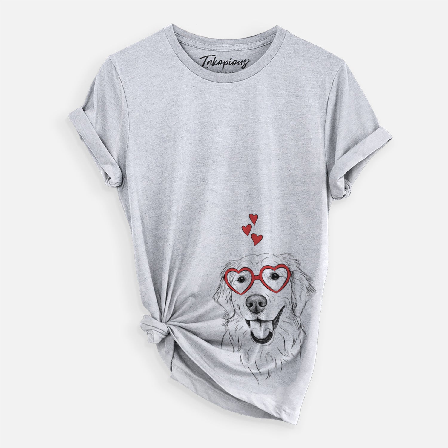Hand-drawn sketch of Maple the Golden Retriever wearing heart-shaped glasses on a Grey Unisex crewneck
