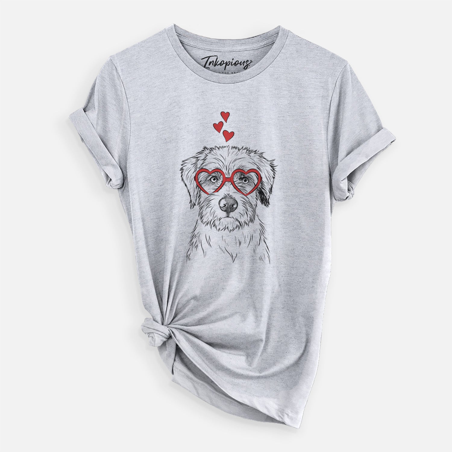 Hand-drawn sketch of Marek the Bernedoodle wearing heart-shaped glasses on a Grey Unisex crewneck